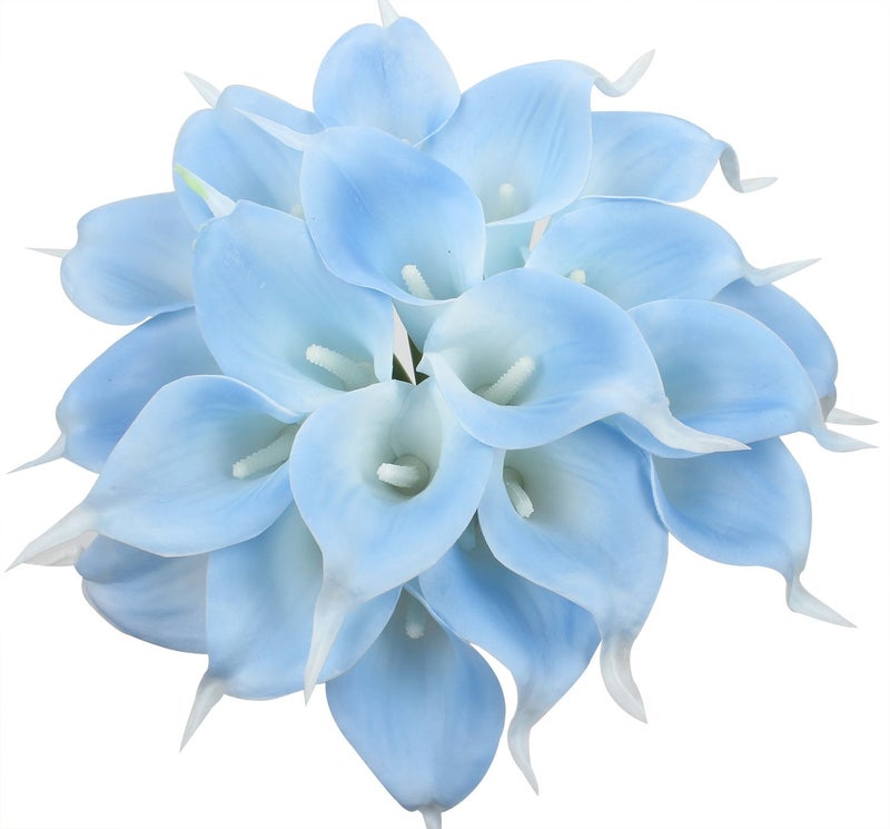 Duovlo 20pcs Calla Lily Bridal Wedding Bouquet Lataex Real Touch Artificial Flower Home Party Decor (Light Blue) - Image 1